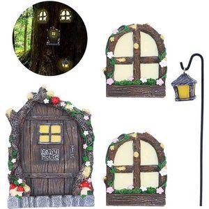 Fairy Door with Windows Latern for Tree, 5 pcs Miniature Fairy Garden Kit